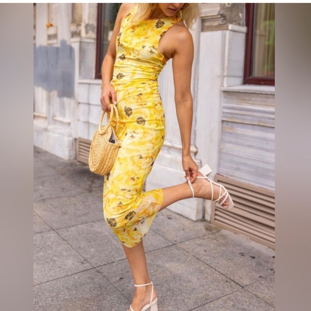 Zara maxi dress tulle floral yellow size s new - Picture 4 of 9